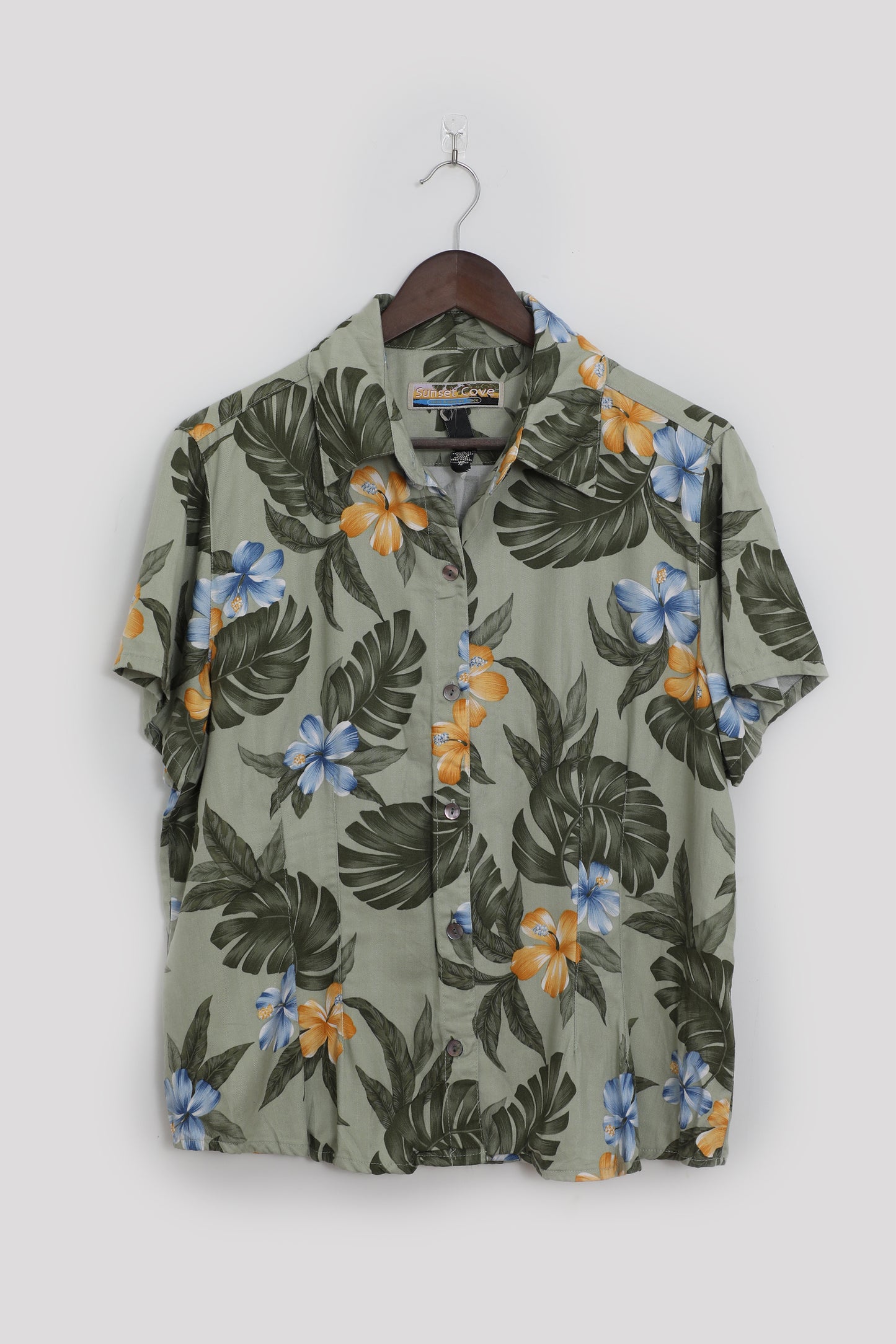 Green Hawaiian Button Up Shirt with Blue and Yellow Flowers