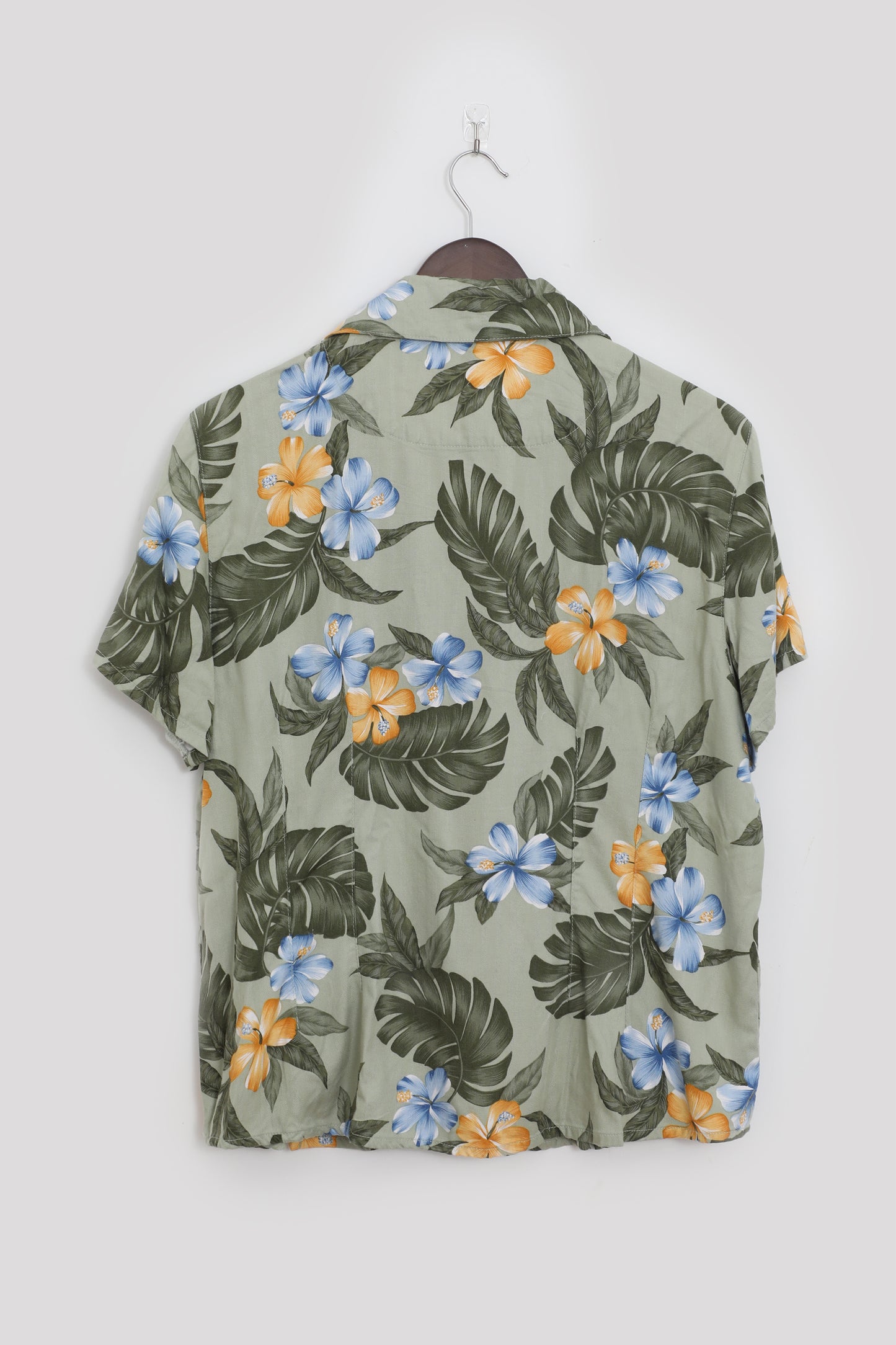 Green Hawaiian Button Up Shirt with Blue and Yellow Flowers