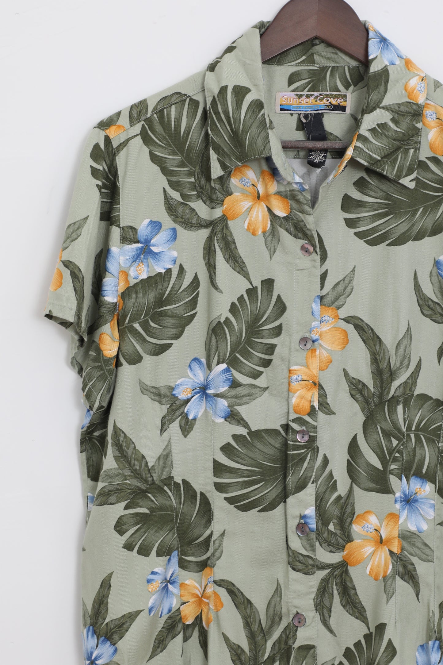 Green Hawaiian Button Up Shirt with Blue and Yellow Flowers