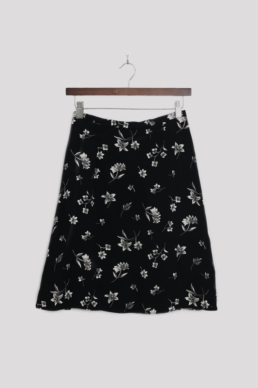 Black and Silver Floral Print A-Line Skirt