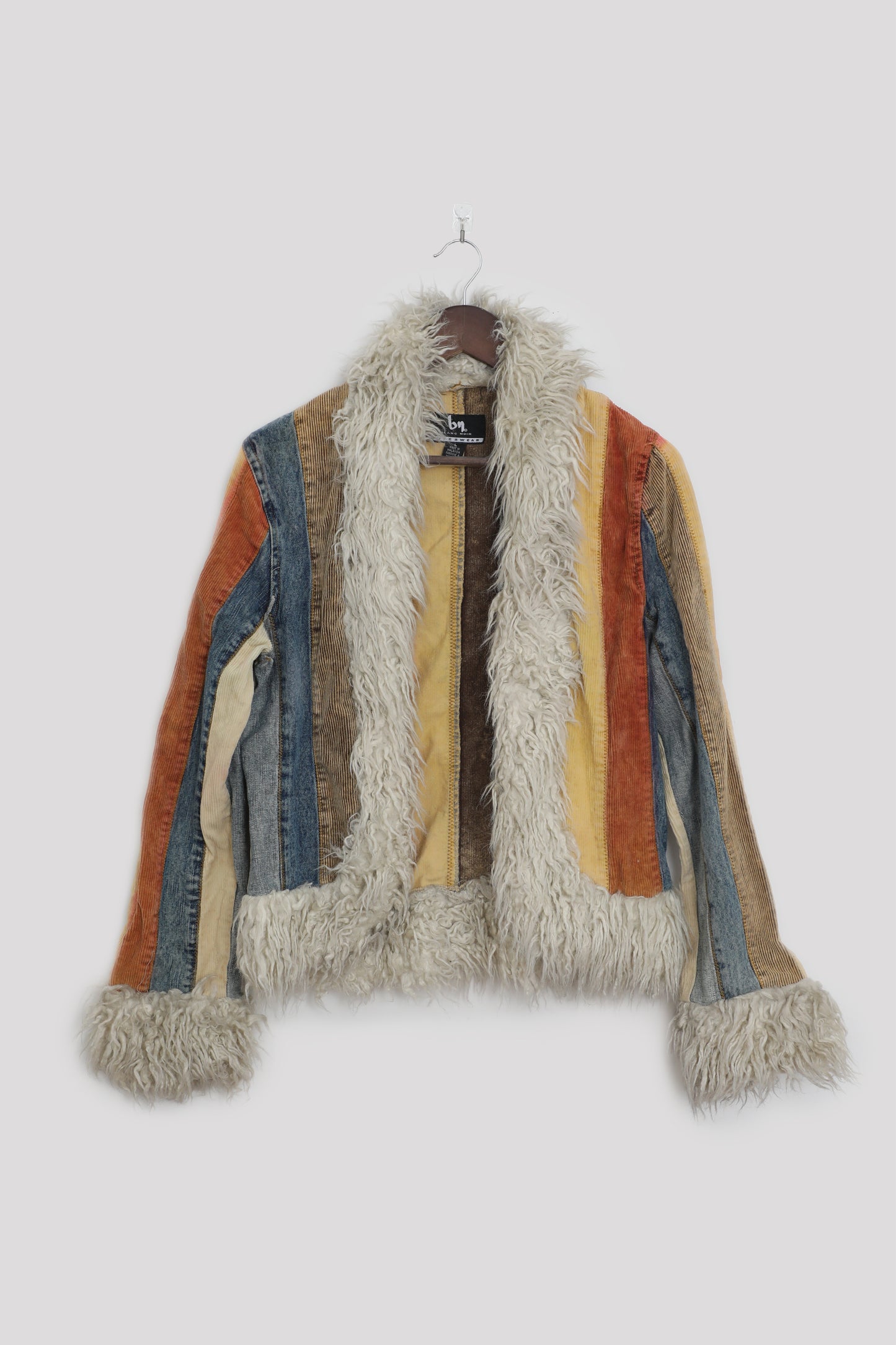 70's Corduroy Color Block Paneled Jacket with Faux Fur Trim