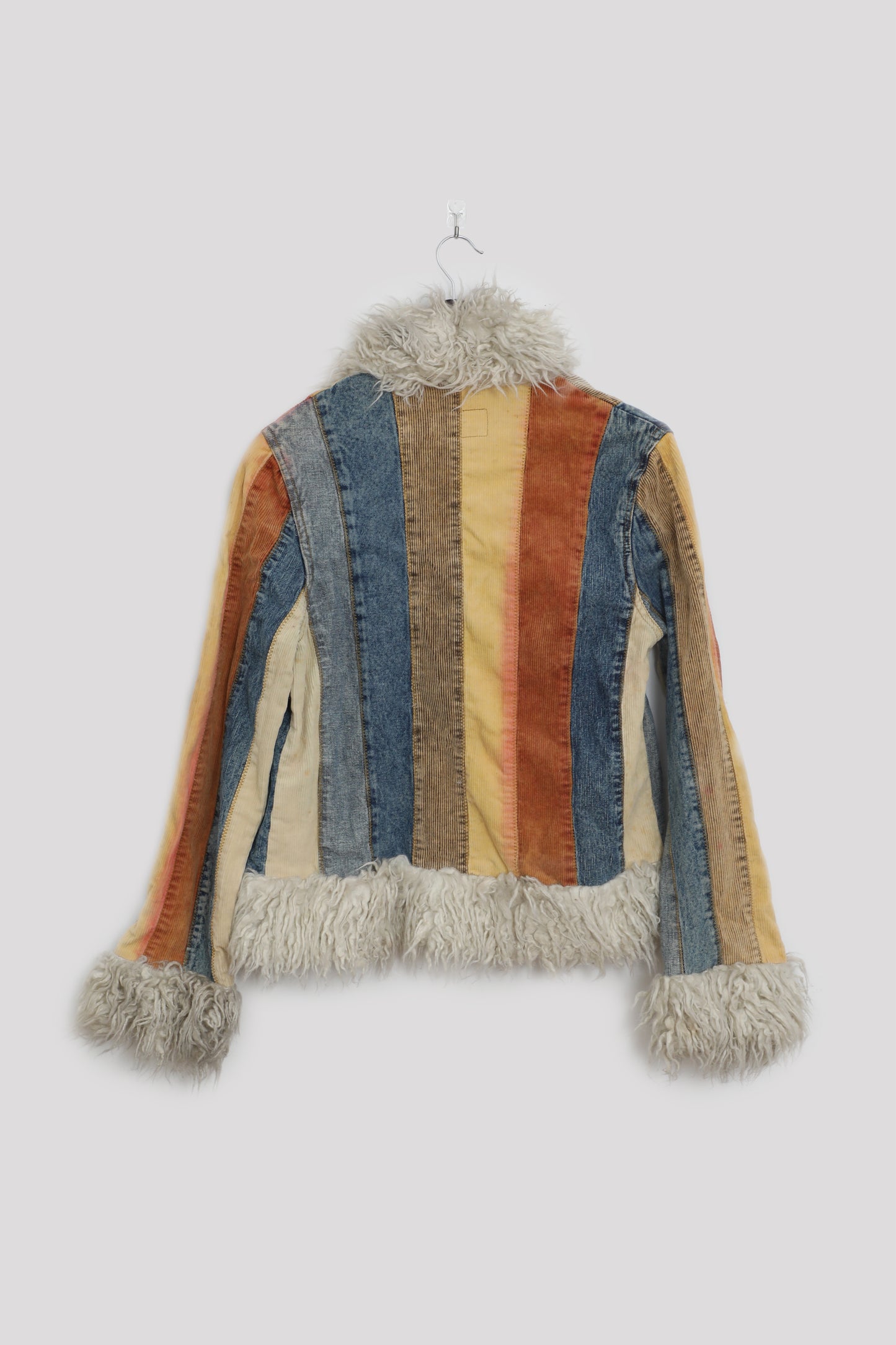 70's Corduroy Color Block Paneled Jacket with Faux Fur Trim