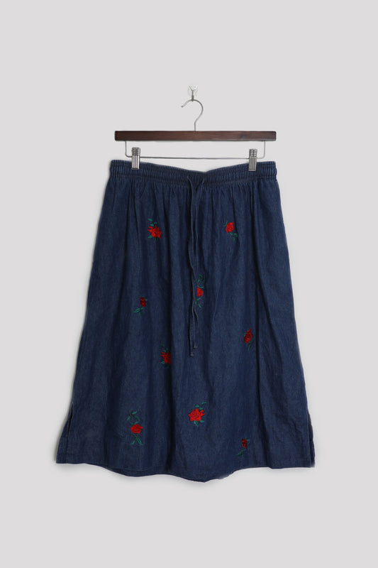 Rose Embroidered Jean Skirt